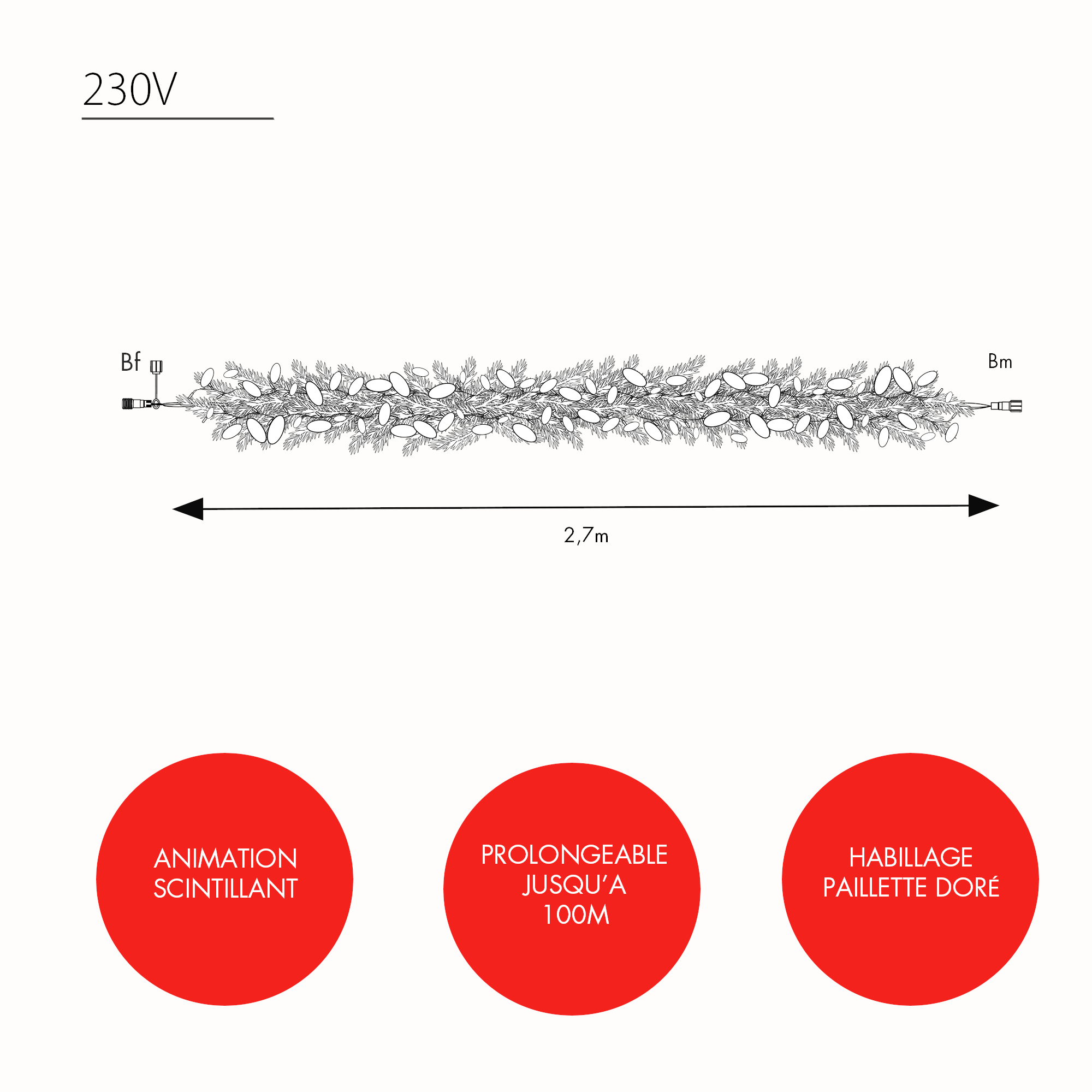 Guirlande sapin paillette traditionnel L2,7m - 230V